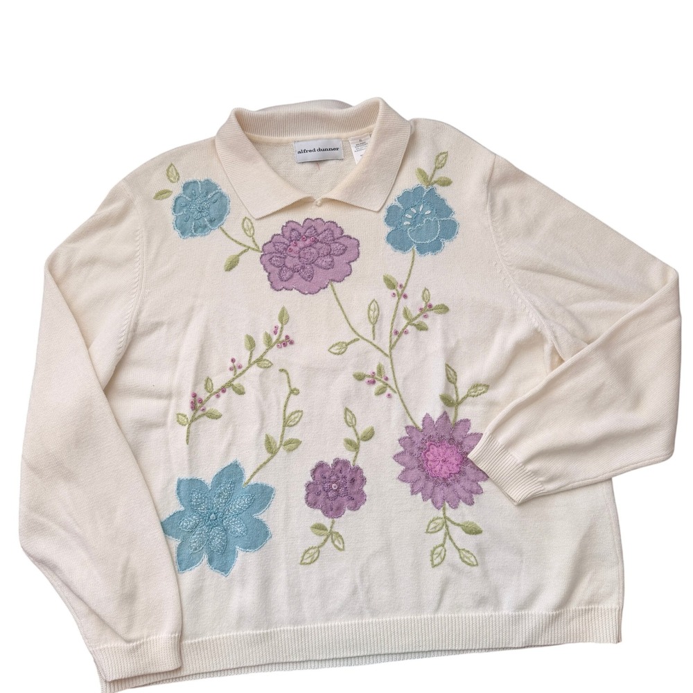 Alfred Dunner Women XL Cream Floral Embroidered Collared Knit Sweater Grannycore
